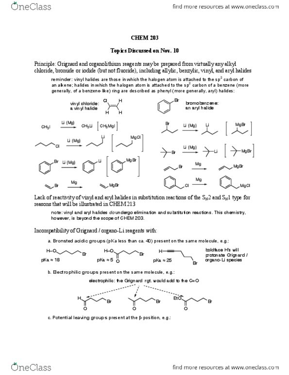CHEM 203 Lecture Notes - Lecture 29: Grignard Reaction, Vinyl Chloride, Organochloride thumbnail