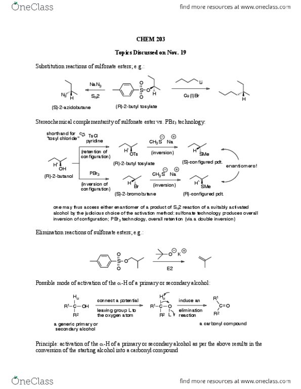 CHEM 203 Lecture Notes - Lecture 33: Tosyl, Sulfonate, Phosphorus Tribromide thumbnail