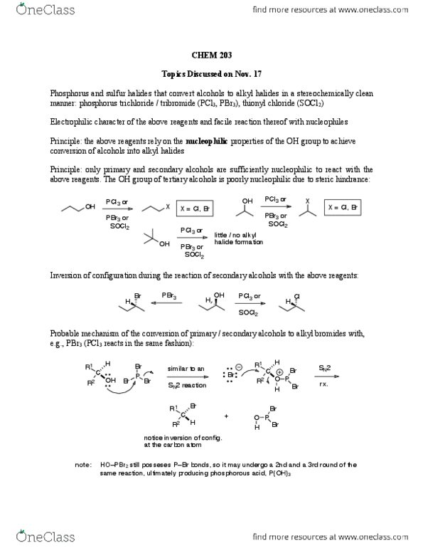 CHEM 203 Lecture Notes - Lecture 32: Grignard Reaction, Thionyl Chloride, Phosphorus Trichloride thumbnail