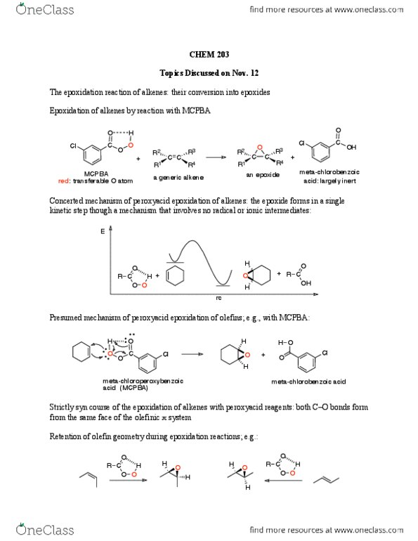 CHEM 203 Lecture Notes - Lecture 30: Peroxy Acid, Meta-Chloroperoxybenzoic Acid, Epoxide thumbnail