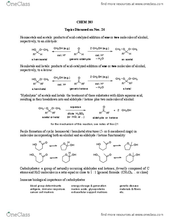 CHEM 203 Lecture Notes - Lecture 35: Acetal, Hemiacetal, Methanol thumbnail