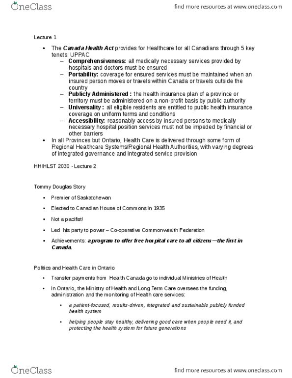 HLST 2030 Lecture Notes - Lecture 11: Local Health Integration Network, Balanced Scorecard, Canada Health Act thumbnail