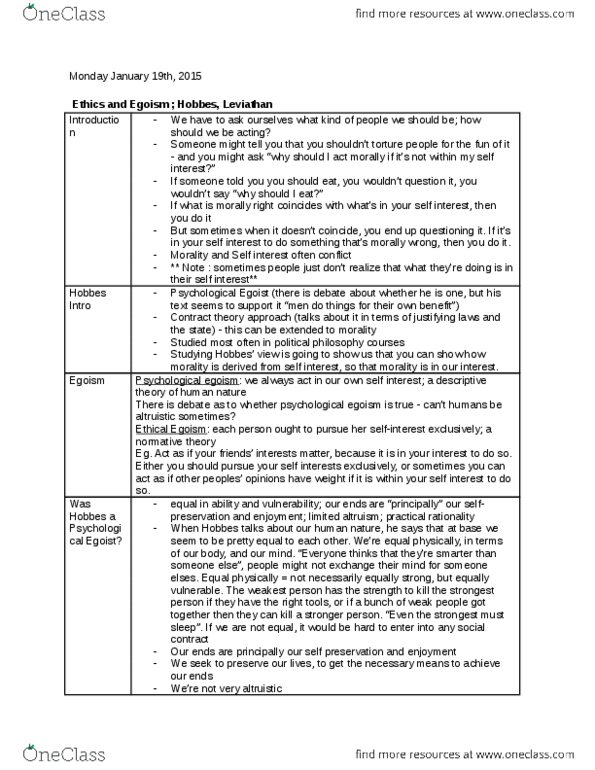 PHILOS 2YY3 Lecture Notes - Lecture 4: Ethical Egoism, Psychological Egoism, Egotism thumbnail