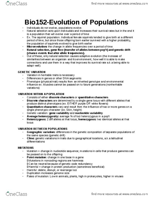 BIO206H5 Chapter Notes - Chapter 23: Allele Frequency, Genotype Frequency, Genetic Drift thumbnail