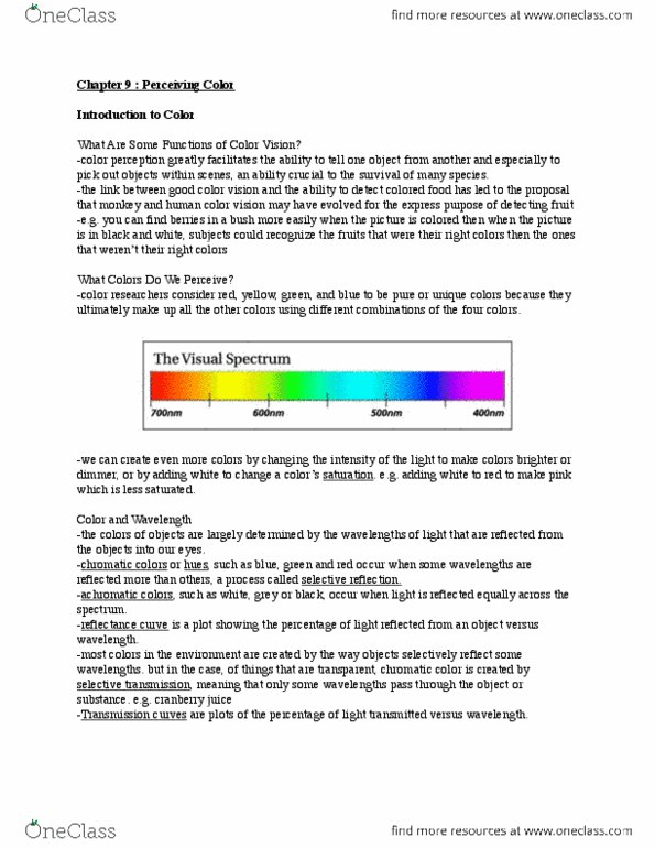 PS262 Lecture Notes - Lecture 9: Subtractive Color, Color Vision, Spectral Sensitivity thumbnail