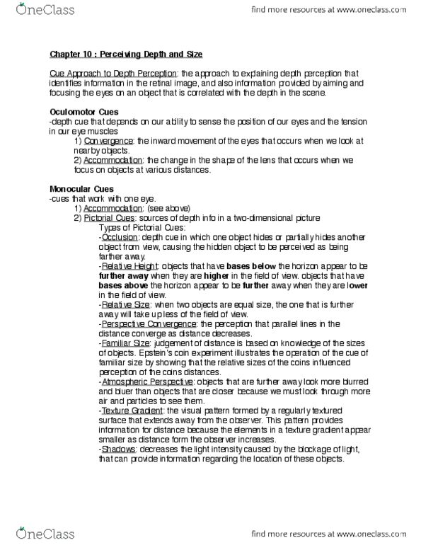 PS262 Lecture Notes - Lecture 10: Binocular Disparity, Horopter, Depth Perception thumbnail