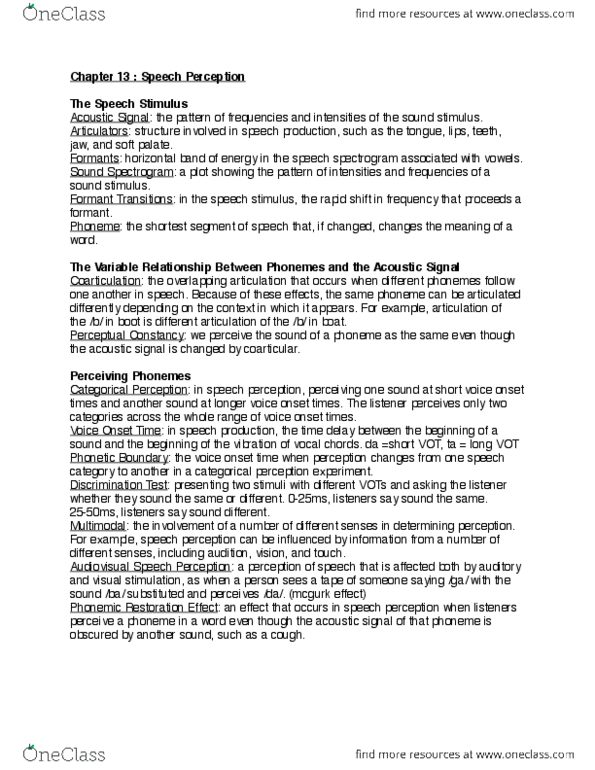 PS262 Lecture Notes - Lecture 13: Voice-Onset Time, Formant, Speech Perception thumbnail