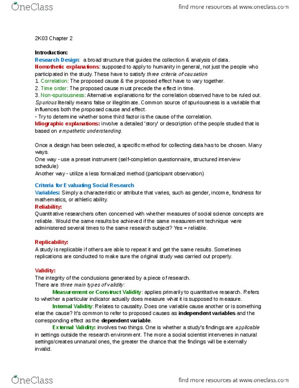 SOCPSY 2K03 Chapter Notes - Chapter 2: External Validity, Internal Validity, Experiment thumbnail