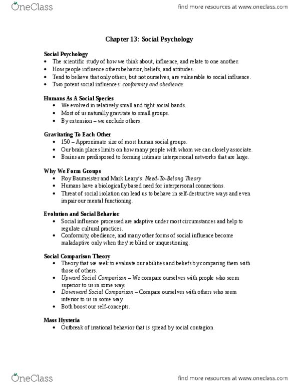 PSY 202 Chapter Notes - Chapter 13: Social Comparison Theory, Cognitive Dissonance, Ultimate Attribution Error thumbnail