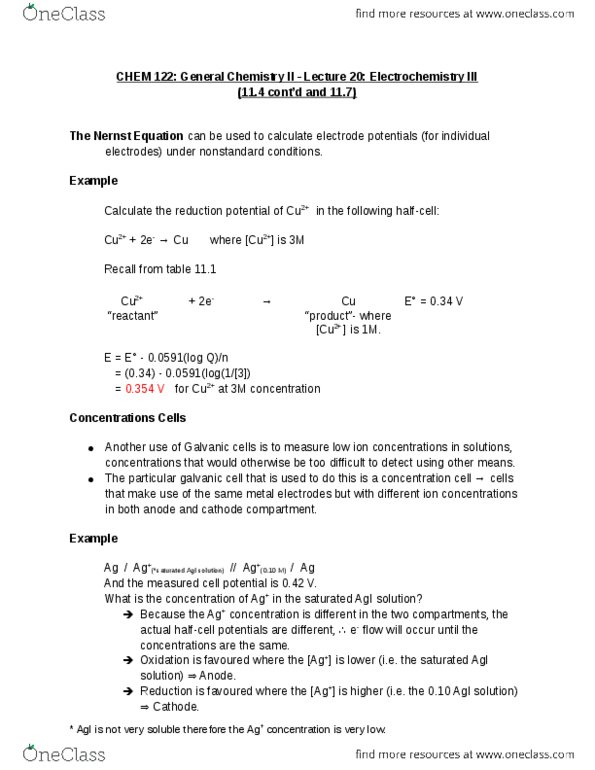 CHEM 122 Lecture Notes - Lecture 20: Galvanic Cell, Nernst Equation, Silver Iodide thumbnail