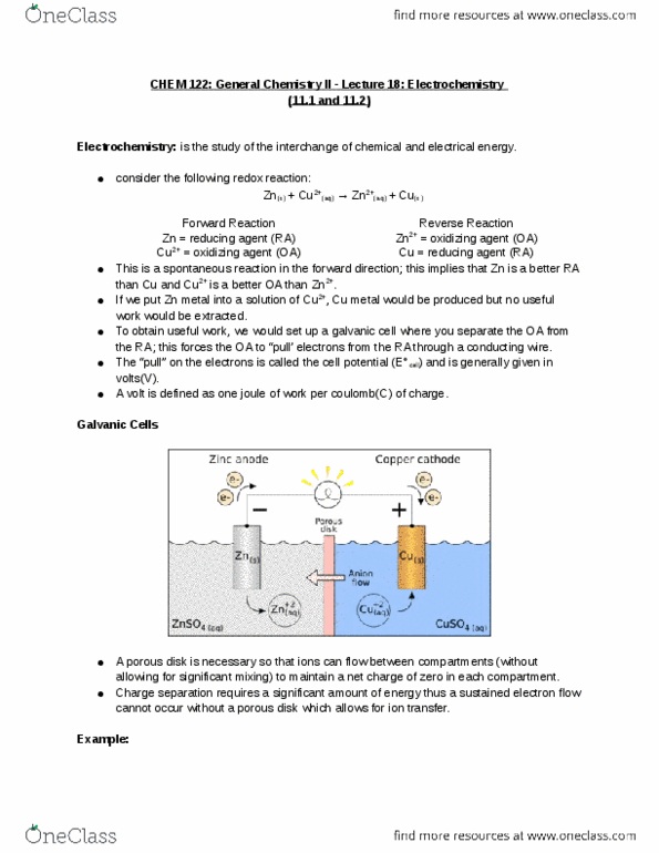 CHEM 122 Lecture Notes - Lecture 18: Galvanic Cell, Redox, Electrochemistry thumbnail