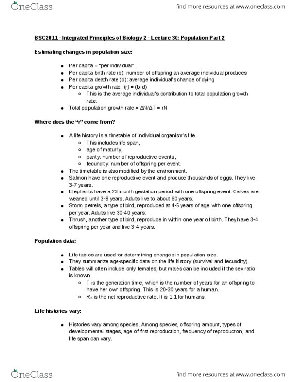 BSC 2011 Lecture Notes - Lecture 30: Net Reproduction Rate, Homeostasis, Doubling Time thumbnail