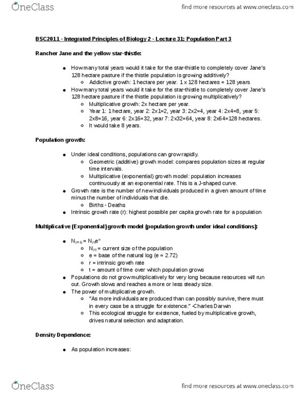 BSC 2011 Lecture Notes - Lecture 31: Centaurea Solstitialis, Exponential Growth, Hectare thumbnail