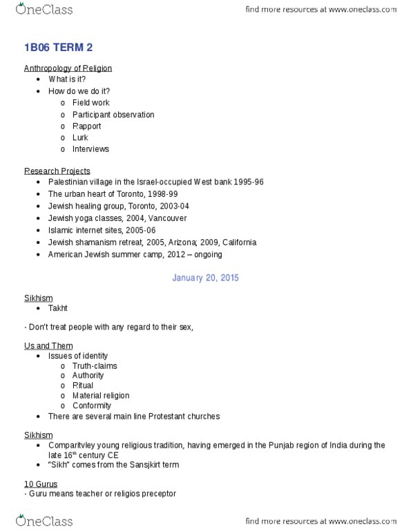 RELIGST 1B06 Lecture Notes - Lecture 1: Mughal Empire, Guru Nanak, Participant Observation thumbnail