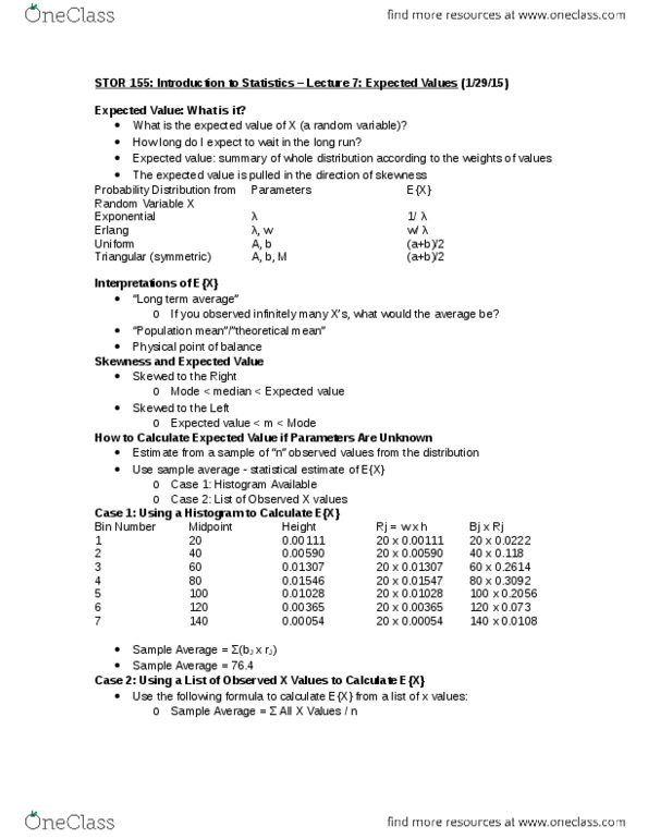 STOR 155 Lecture Notes - Lecture 7: Random Variable, Histogram thumbnail