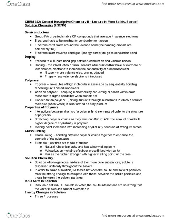 CHEM 102 Lecture Notes - Lecture 9: Condensation Polymer, Natural Rubber, Vulcanization thumbnail