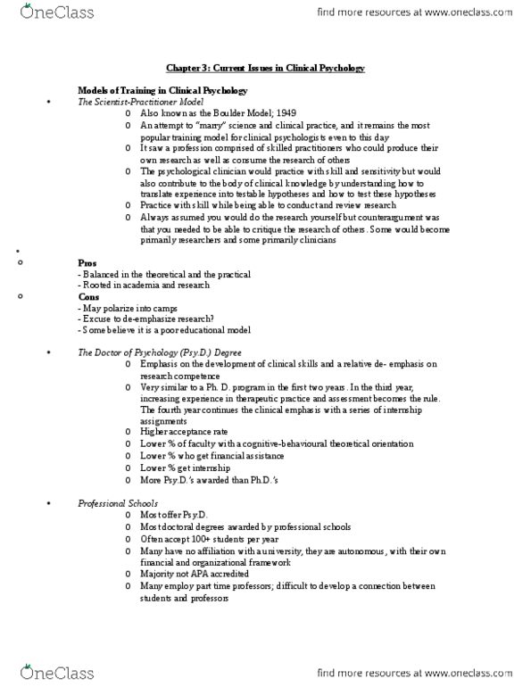 PSY 335 Chapter Notes - Chapter 3: Clinical Psychology, Doctor Of Psychology, Outline Of Health Sciences thumbnail