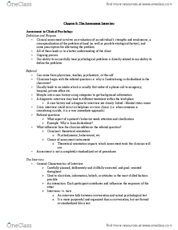 PSY 335 Chapter Notes - Chapter 6: Note-Taking, Psychological Testing, Mental Status Examination thumbnail