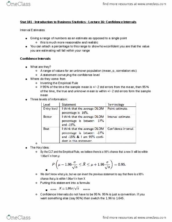 STAT 101 Lecture Notes - Lecture 16: Statistical Inference, Normal Distribution thumbnail