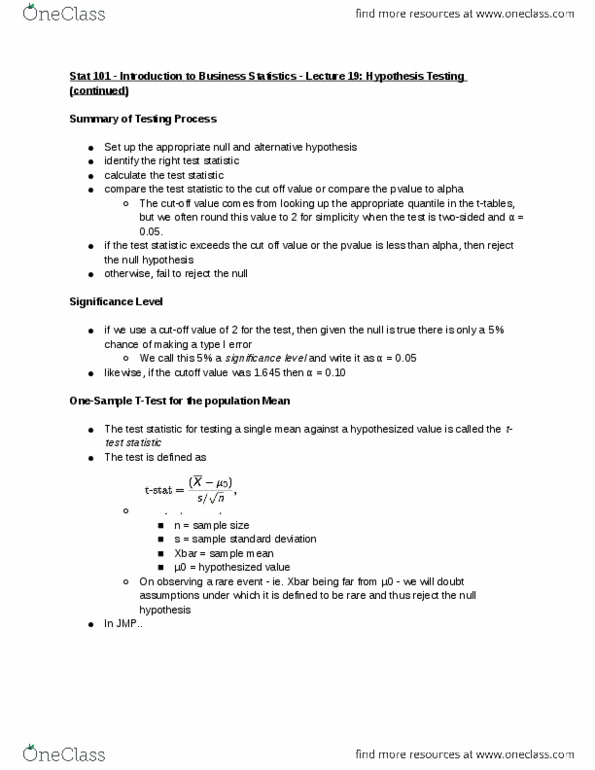 STAT 101 Lecture Notes - Lecture 19: Null Hypothesis, Test Statistic, Sample Size Determination thumbnail