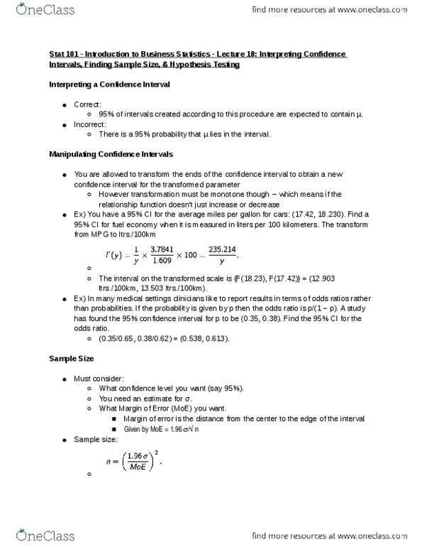 STAT 101 Lecture Notes - Lecture 18: Confidence Interval, Sample Size Determination, Odds Ratio thumbnail