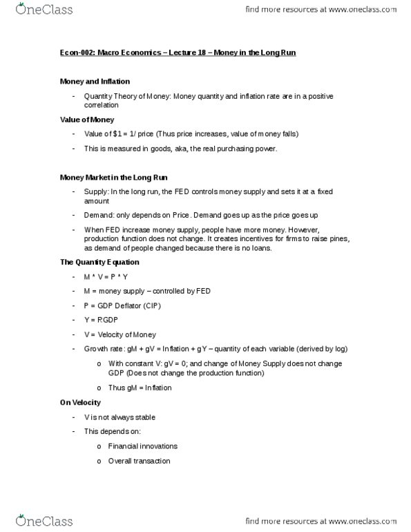 ECON 002 Lecture Notes - Lecture 18: Gdp Deflator, Money Supply, Production Function thumbnail