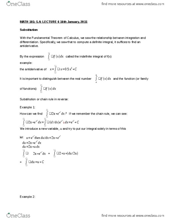 MATH 101 Lecture Notes - Lecture 6: Antiderivative thumbnail