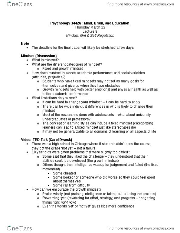 Psychology 3442F/G Lecture Notes - Lecture 8: Mindset, Carol Dweck, New York City Department Of Education thumbnail