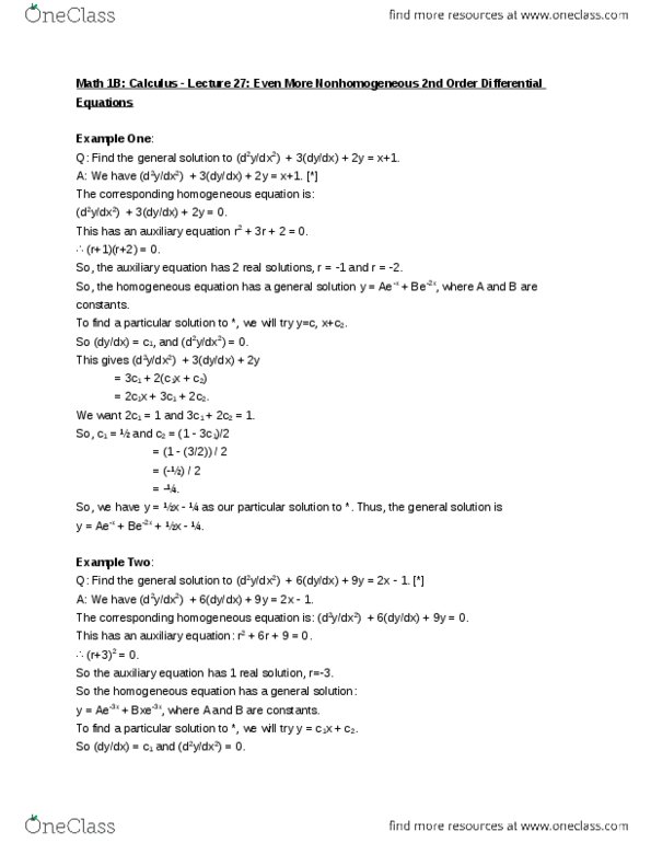 MATH 1B Lecture 27: Even More Nonhomogeneous 2nd Order Differential Equations thumbnail