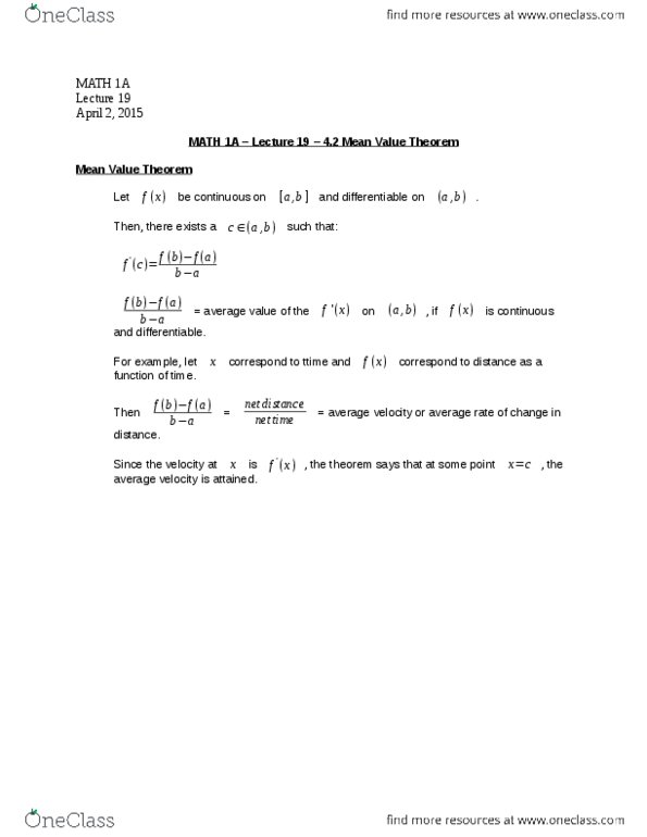 MATH 1A Lecture Notes - Lecture 19: Mean Value Theorem thumbnail