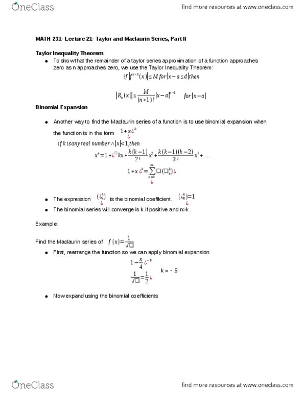 MATH 231 Lecture Notes - Lecture 21: Binomial Coefficient, Binomial Series, Binomial Theorem thumbnail