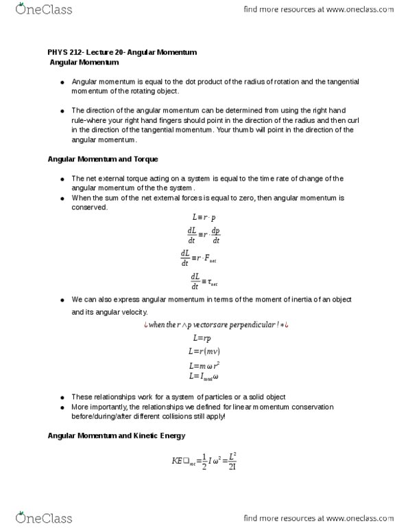 PHYS 211 Lecture Notes - Lecture 20: Dot Product, Angular Velocity, Momentum thumbnail