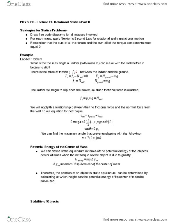 PHYS 211 Lecture Notes - Lecture 19: Statics thumbnail