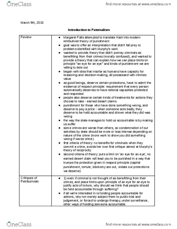 PHILOS 2G03 Lecture Notes - Lecture 15: Retributive Justice, Paternalism thumbnail