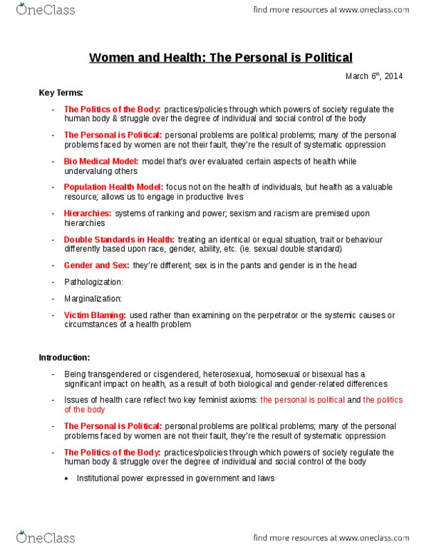 WGST 1F90 Lecture Notes - Lecture 8: Flexner Report, Double Standard, Health Promotion thumbnail