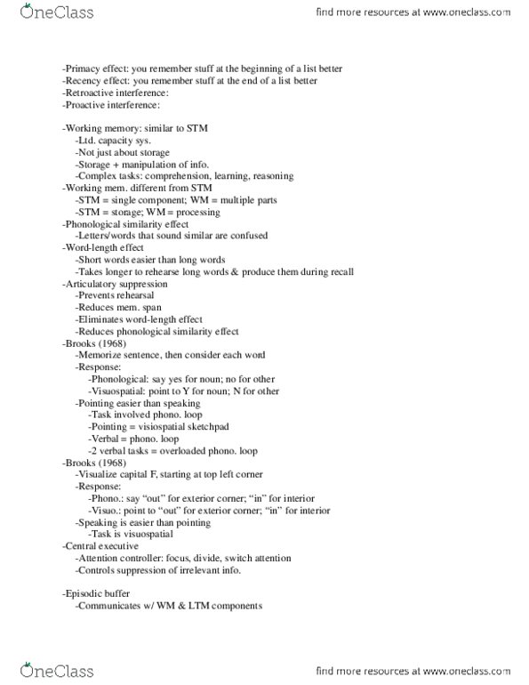 PSY 322 Lecture Notes - Lecture 5: Working Memory, Prefrontal Cortex, Sketchpad thumbnail