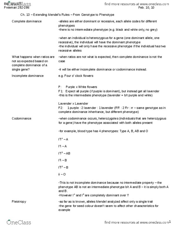 BIOL 121 Lecture Notes - Lecture 9: Pleiotropy, Phenotype, Epistasis thumbnail