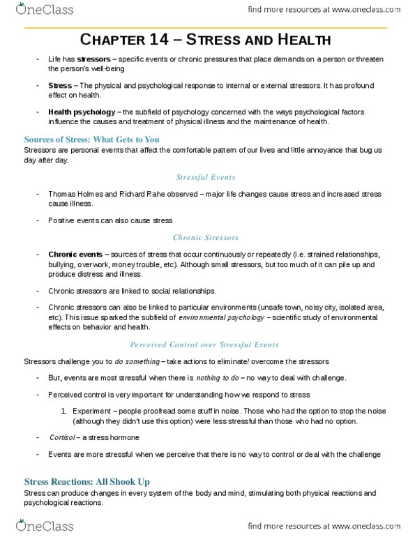 PSYC 102 Chapter Notes - Chapter 14: Psychosomatic Medicine, Hans Selye, Posttraumatic Stress Disorder thumbnail