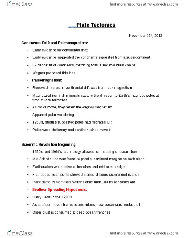 ERSC 1F90 Lecture Notes - Lecture 9: Pacific Plate, Lawrence Morley, Partial Melting thumbnail