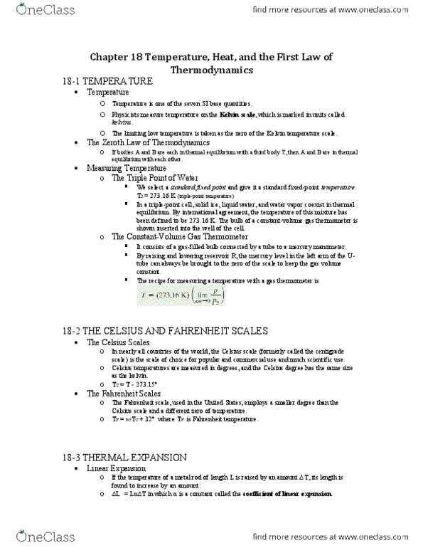 PH 122 Chapter Notes - Chapter 18: Thermal Insulation, Thermal Energy, Pressure Measurement thumbnail