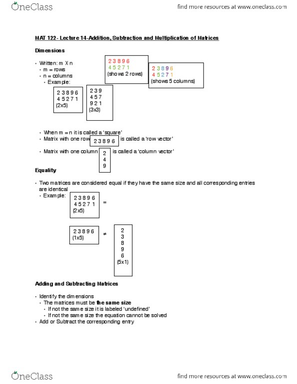 MAT 122 Lecture Notes - Lecture 14: Identity Matrix, Nxp Semiconductors, Row And Column Vectors thumbnail