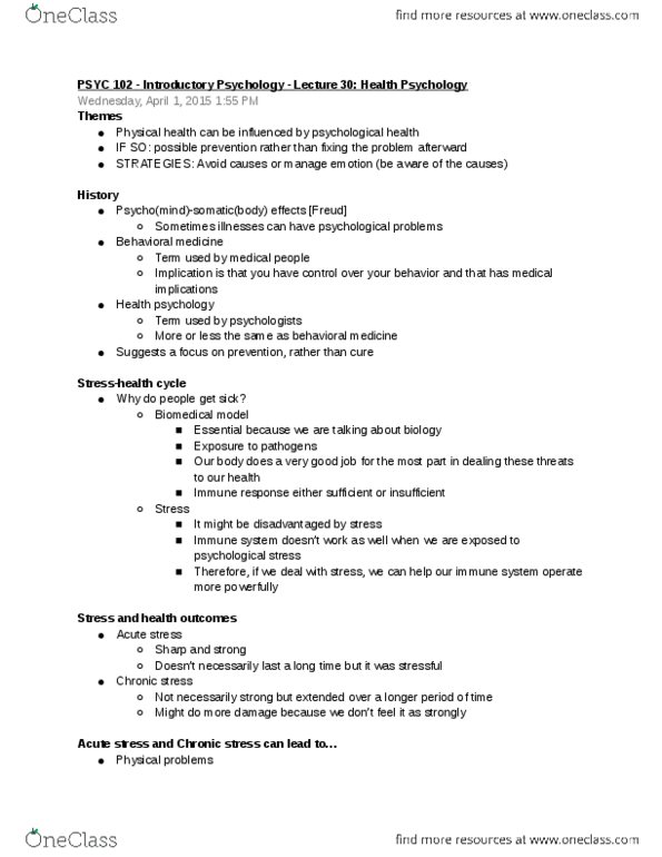 PSYC 102 Lecture Notes - Lecture 30: Biomedical Model, Neuroticism, Type A And Type B Personality Theory thumbnail