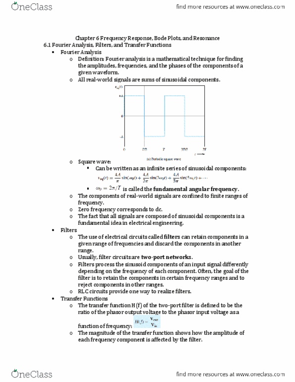 ECT 2440 Chapter Notes - Chapter 6: Fourier Analysis, Decibel, Square Wave thumbnail