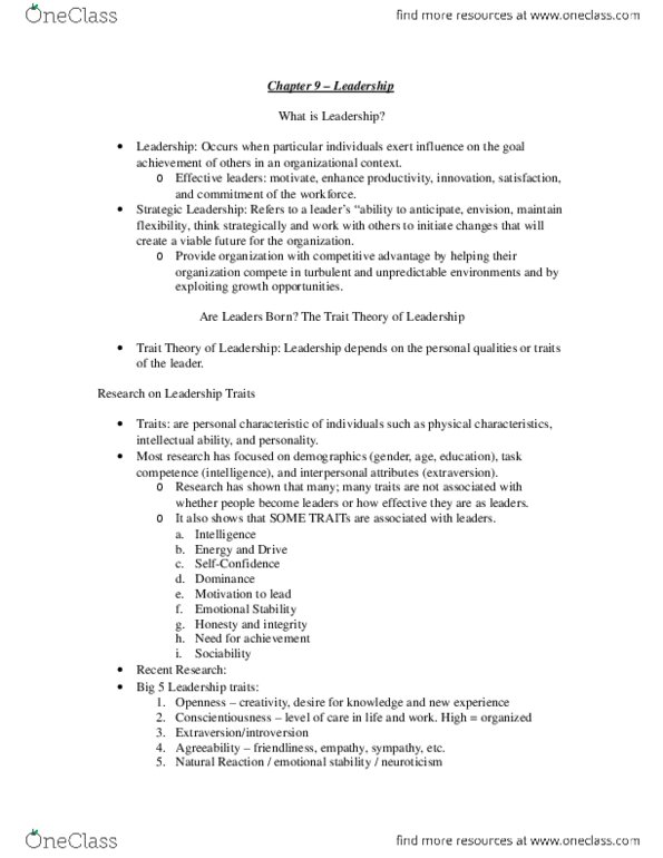 Management and Organizational Studies 2181A/B Chapter Notes - Chapter 9: Assertiveness, Extraversion And Introversion thumbnail