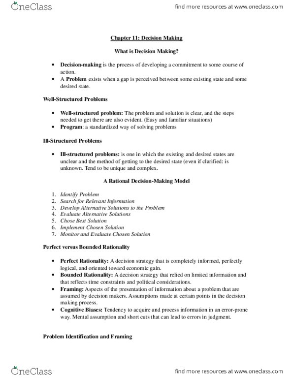 Management and Organizational Studies 2181A/B Chapter Notes - Chapter 11: Groupthink, Brainstorming, Satisficing thumbnail