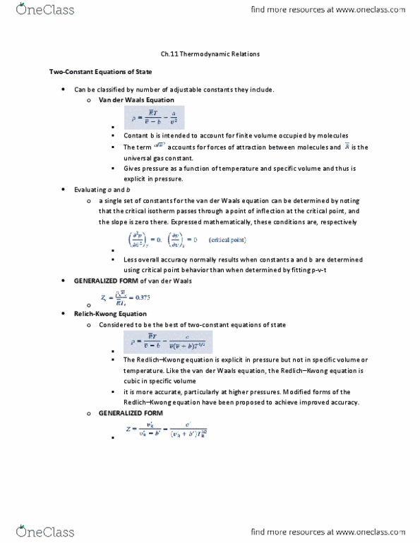 CHEN 3101 Chapter Notes - Chapter 11: Van Der Waals Equation, Gibbs Free Energy, Specific Volume thumbnail