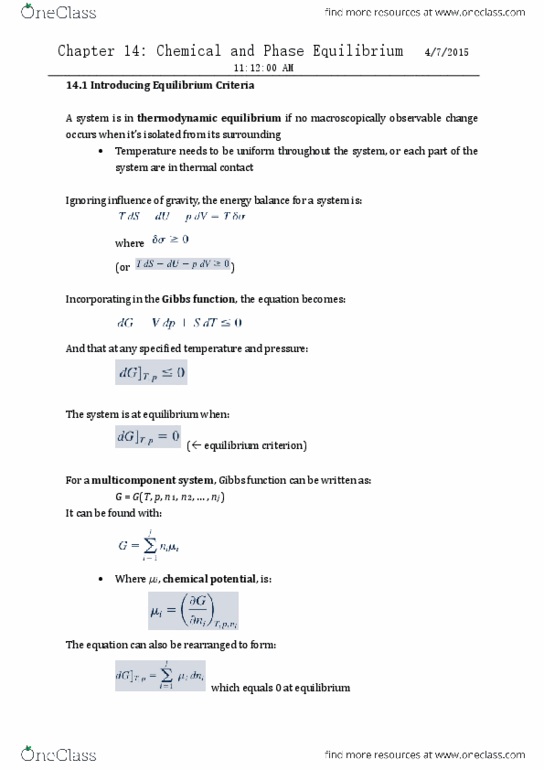 CHEN 3101 Chapter Notes - Chapter 14: Ideal Gas, Phase Rule, Thermodynamic Equilibrium thumbnail