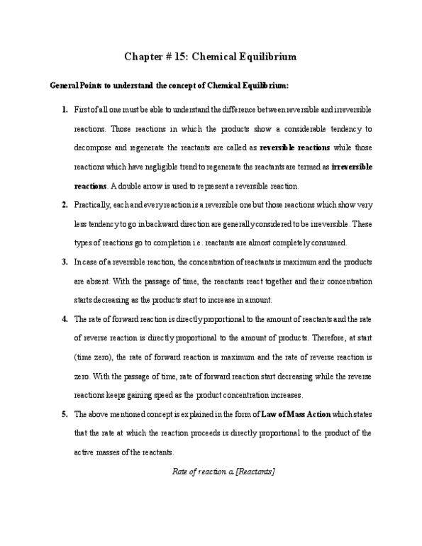 CHEM 1220 Chapter Notes - Chapter 15: Equilibrium Constant, Reversible Reaction, Reaction Quotient thumbnail