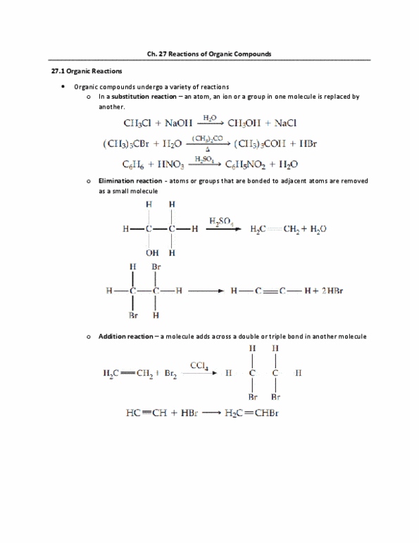CHEM 1220 Chapter Notes - Chapter 27: Addition Reaction, Substitution Reaction, Electrophilic Substitution thumbnail