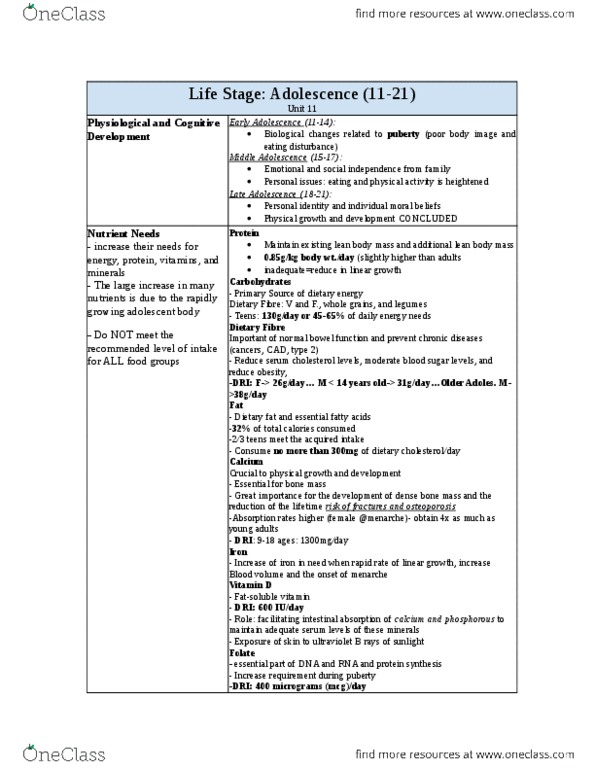 NUTR 2050 Lecture Notes - Lecture 11: Menarche, Hyperlipidemia, Megaloblastic Anemia thumbnail